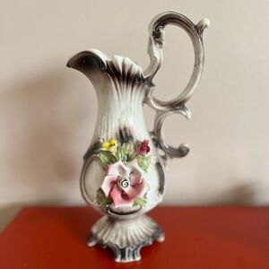 Vintage Ornate Ceramic Pitcher with Raised Floral Accents unique handle